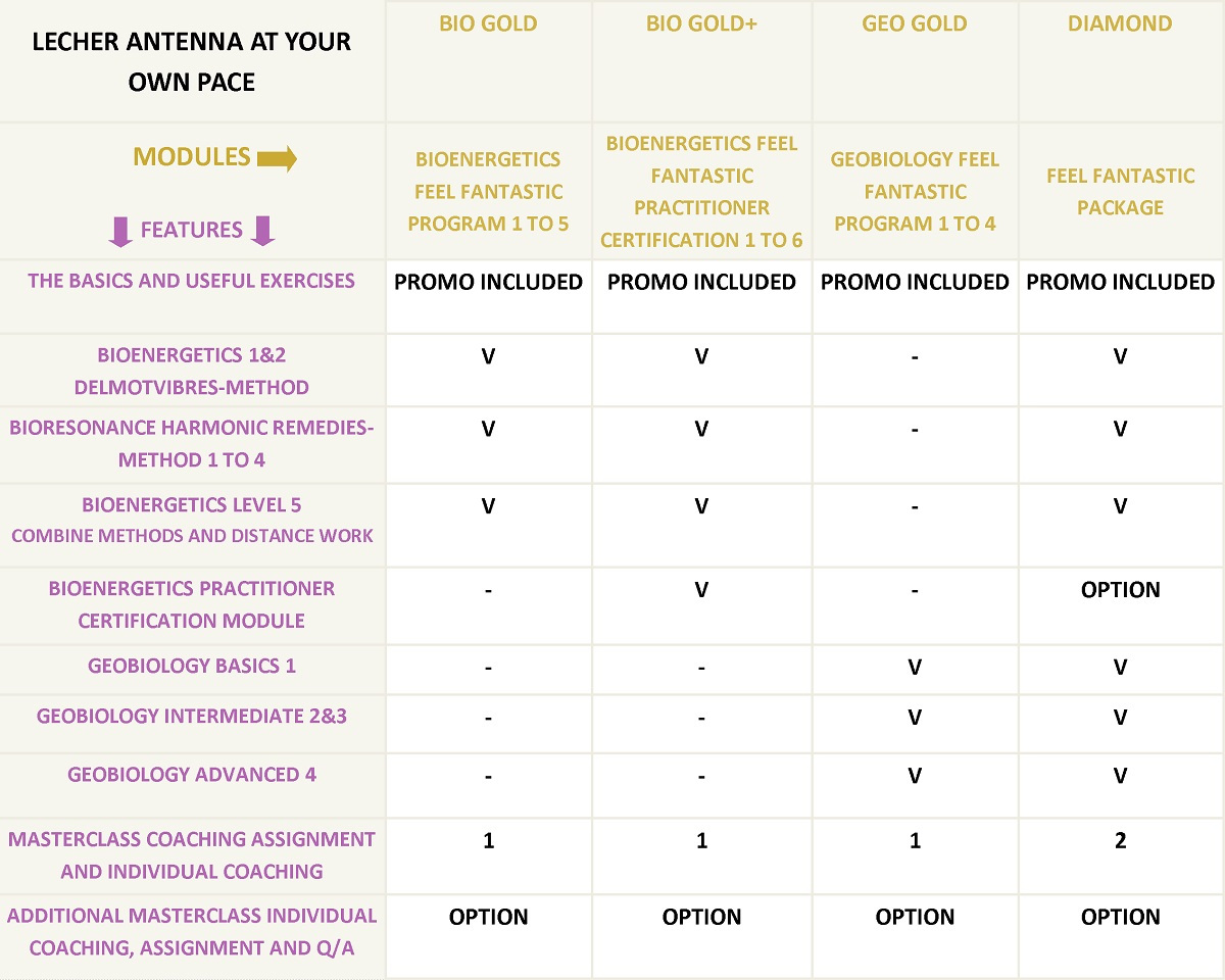 Comparative table features of different Lecher antenna online Feel Fantastic Training Programs or Package