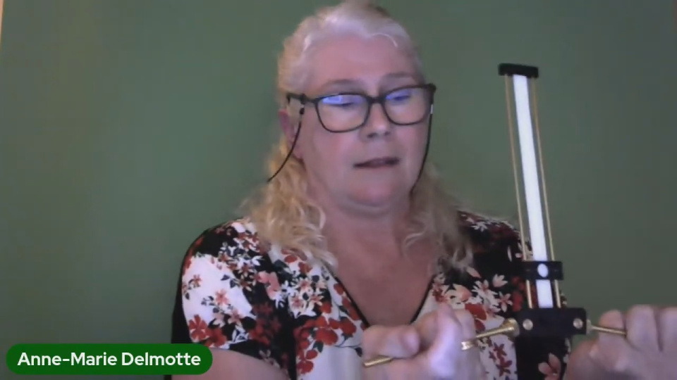 Anne-Marie Delmotte showing how the Lecher antenna works